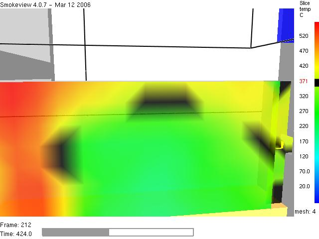 9. ábra Az ábrán a konyhában lévő szellőző nyíláson kiáramló gáz hőmérséklete látható. A 12s-ban 420 Celsius fok. 10. ábra A kiáramló gáz hőmérséklet a 424s-ban 371 Celsius fok. Hőm. [C] 500.0000 400.