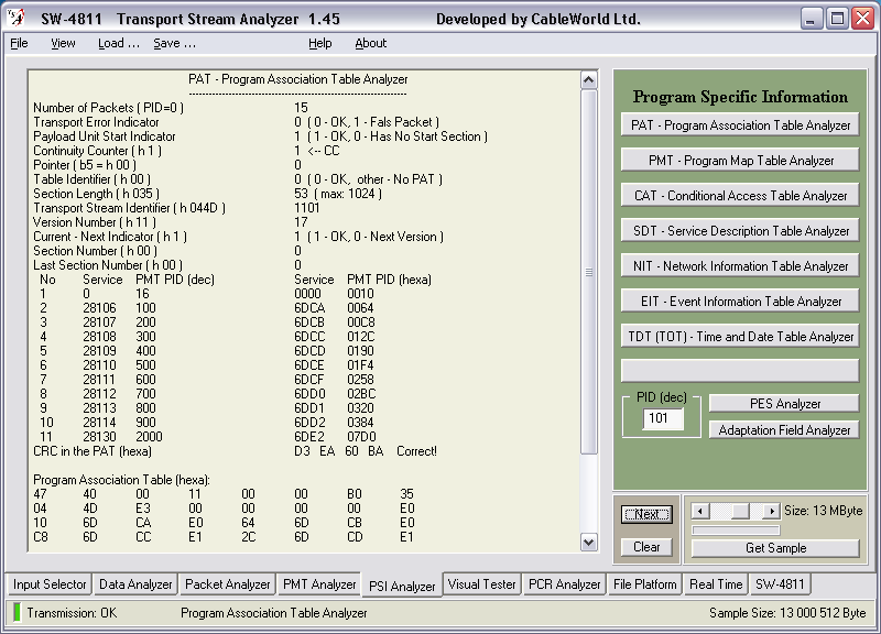 6. PSI Analyzer A transport stream adatai között a program specifikus információkat (PSI) a táblák tartalmazzák.