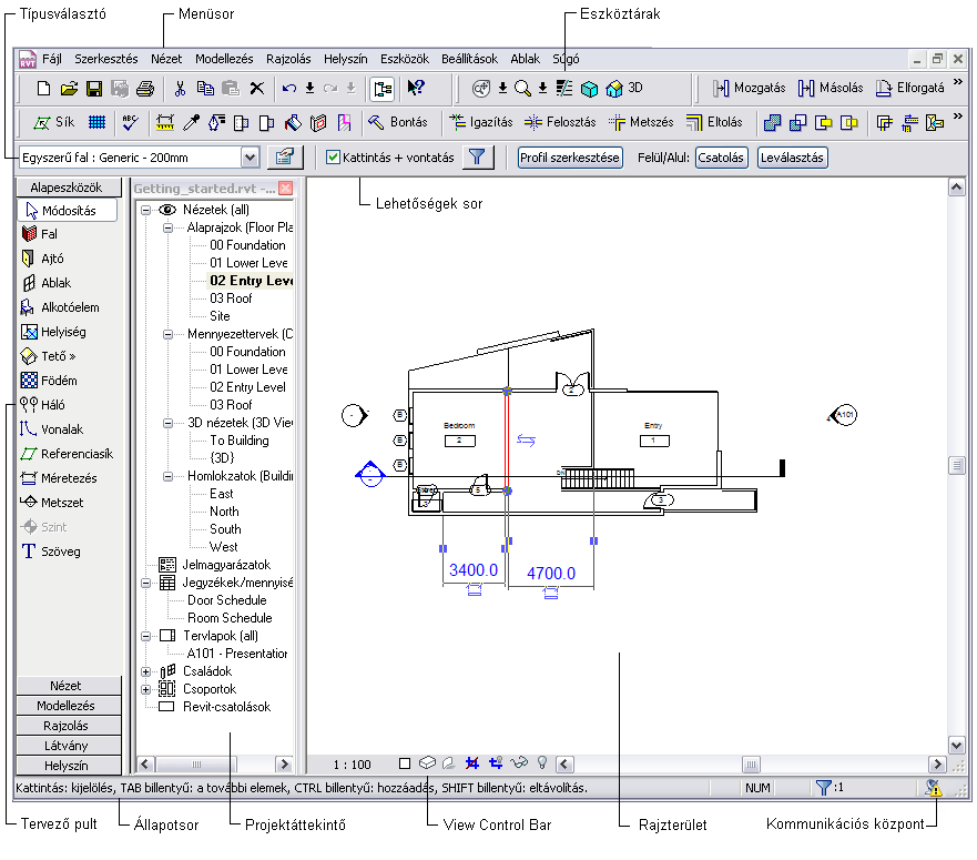 Menüsor és az eszköztárak Az ablak tetején a szabványos Microsoft Windows -alapú menüsor található, amelyből az összes Revit Architecture parancs elérhető.