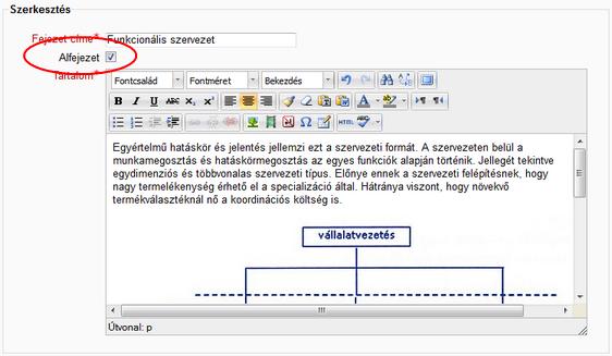 bejelöljük-e az Alfejezet című jelölőnégyzetet, fő- vagy alfejezetet