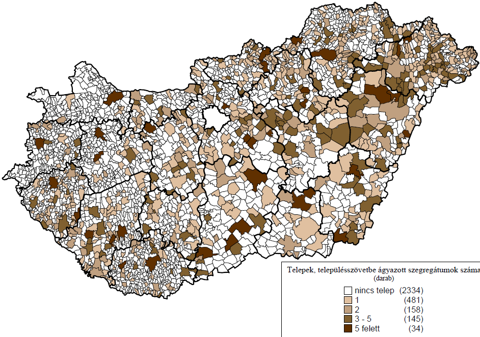 Telepek, szegregátumok száma és elhelyezkedése Forrás: Domokos Veronika (2010): Szegény- és cigánytelepek, városi szegregátumok területi elhelyezkedésének és infrastrukturális állapotának elemzése.