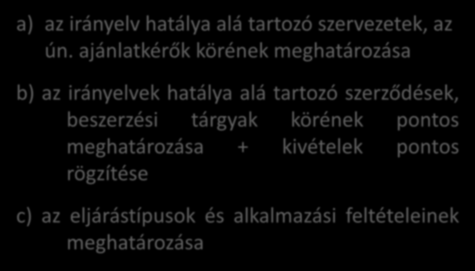 Szabályozási tárgykörök a) az irányelv hatálya alá tartozó szervezetek, az ún.