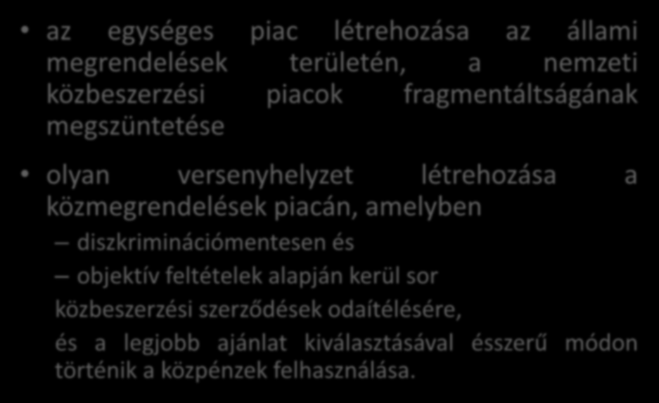 Közbeszerzési politika eredeti célja 1970-80-as évek az egységes piac létrehozása az állami megrendelések területén, a nemzeti közbeszerzési piacok fragmentáltságának megszüntetése olyan