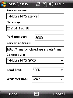 Servers(Szerverek) fül 1. Érintse meg a New(Új) elemet 2. Adja meg az alábbi adatokat Server name(szerver-név) T-Mobile MMS Szerver Gateway(Átjáró) 212.51.126.