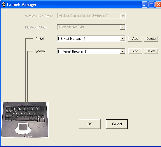 45 Segédprogramok használata Launch Manager A Launch Manager -ben beállíthatja a billentyûzet fölött elhelyezett két indítógombot. Az indító gombok helyét az Indító gombok c.