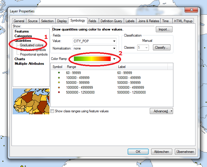 2a A Symbology fülnél válasszuk a Quantities Graduated symbols típusú jelölést (1)! Válasszuk ki azt a mezőt, amely a csoportosítani és térképen megjeleníteni kívánt értékeket tartalmazza (2)!