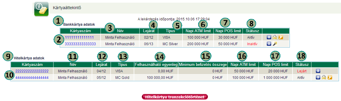 3.1.4 Kártyaáttekintő A kártya áttekintő funkcióban tájékozódhat az Ön részére kibocsátott betéti hitelkártyákról. Bankkártyára vonatkozó adatok Kártya száma. Kártyatulajdonos neve.