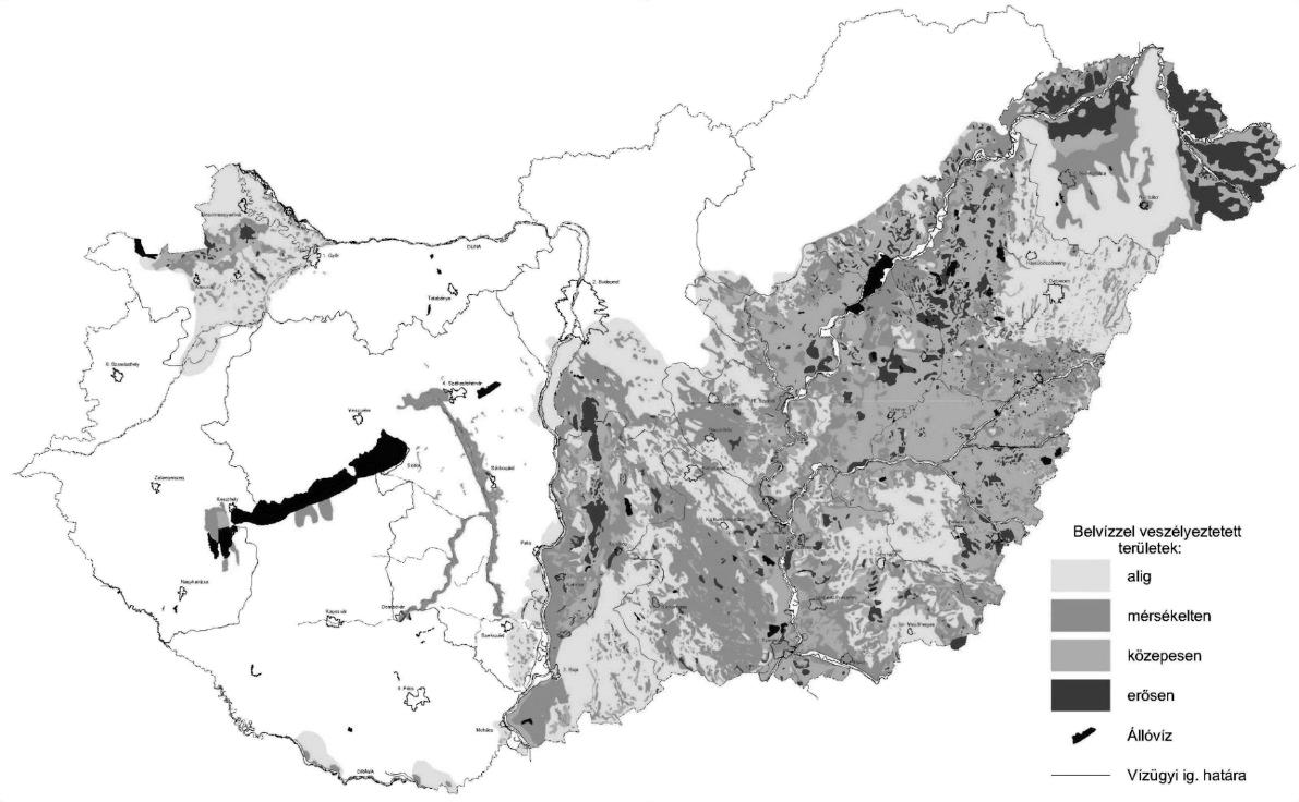 HELYZETFELTÁRÓ - HELYZETELEMZŐ - HELYZETÉRTÉKELŐ MUNKARÉSZEK 132 35. térkép: Magyarország belvíz veszélyeztetettségi térképe (1. belvízzei nem, vagy alig veszélyeztetett terület, 2.