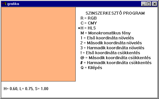 322 18. CD melléklet Színszerkesztő: color.exe 18.3. ábra. Színszerkesztő program A színszerkesztő program a 4.3. fejezet színkezelő osztályait és algoritmusait használja fel.