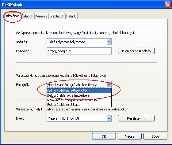 Opera 8/9/10 Válassza ki a "Beállítások" (Preferences) menüpontot (Ctrl+F12)! Kattintson a "Haladó" (Advanced) fülre, majd azon belül kattintson a "Tartalom" (Content) kategóriára!