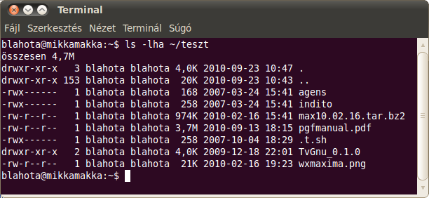 tanulmányozása. Például az ls -lha ~/teszt hatását láthatjuk egy valós környezetben a 70. ábrán.