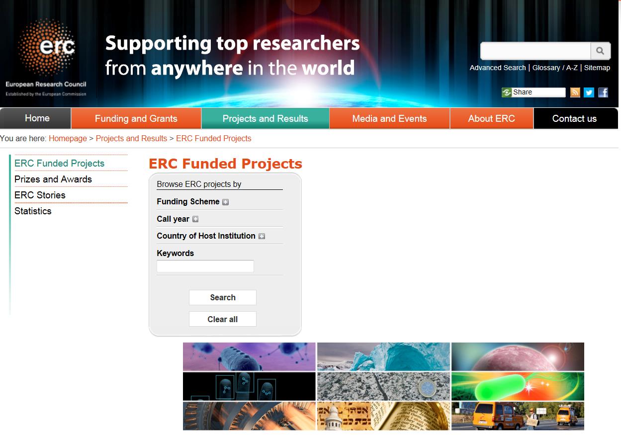 ERC Starting and Consolidator Grants Funded Projects Menu allows