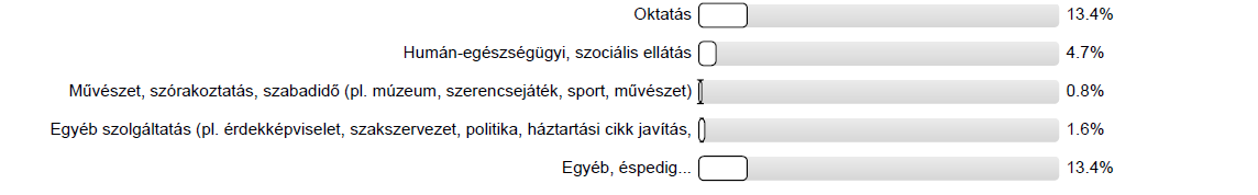 A legtöbb válaszadó a szálláshely-szolgáltatás, vendéglátás (18,1 %), a közigazgatás, védelem, kötelező társadalombiztosítás (14,2 %); az oktatás (13,4 %) ágazatban dolgozik.