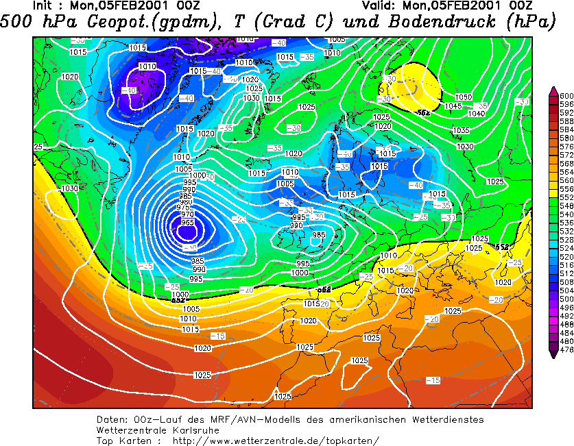 26. ábra. Műholdkép 2001. 02. 05. 18 UTC (Forrás: KNMI). 27. ábra. AT 500 -as térkép (GFS) 2001. 02. 05. A nyíl a poláris ciklon középpontját jelöli.