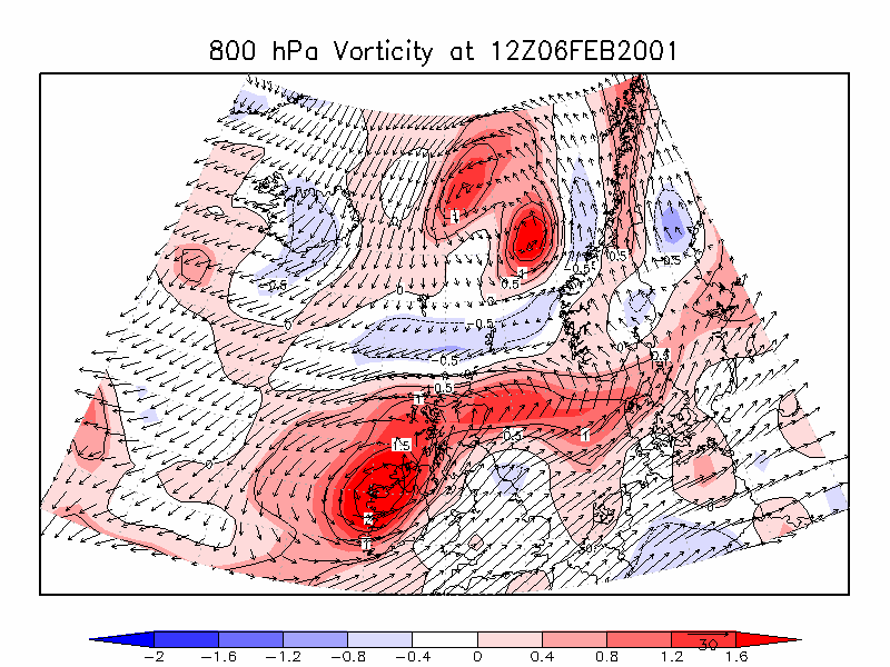 47. ábra. Hőmérséklet 500hPa-os szinten o C-ban 2001. 02. 06. 12 UTC-kor a WRF modell alapján. 48. ábra. Az örvényességi mező [, 1/s] szerkezete a 800 hpa-os szinten a WRF modell eredményei alapján 2001.