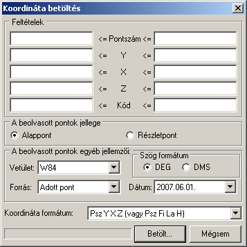 GeoEasy coo formátumból soronként a 4, 5, 37, 38, 39, 137, 138, 139 típusú blokkokat olvassa be a program. Betöltés előtt megadhatunk feltételeket.