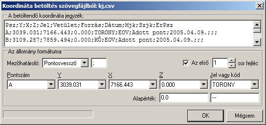Ebben az esetben különböző nem kötött formátumú szöveges koordináta jegyzéket tölthetünk be az állományba.