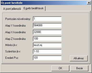 Az Egyéb beállítások fülre kattintva beállíthatjuk a pontszám növekményét, az alap Y, X és Z koordinátát, ezeket az [ Alkalmaz ] gomb megnyomása után veszi figyelembe a program.