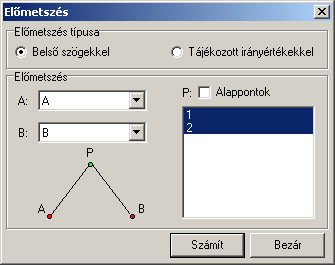 Ikon: A számítást belső szögekkel, vagy tájékozott irányértékekkel végezhetjük. A két ismert pont megadása után a listából válasszuk ki a számítandó alap- vagy részletpontokat.