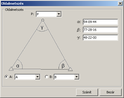 Az oldalmetszésnél az ismeretlen pont meghatározása céljából a háromszög két belső szögét mérjük meg.