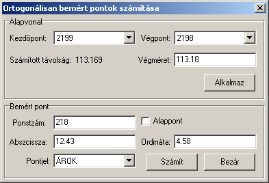 7.13. Ortogonálisan bemért pontok számítása Ez a funkció annyiban tér el a Mérési vonalak számításától, hogy az így számított mérési vonalak és ortogonálisan bemért pontok adatai nem lesznek tárolva,