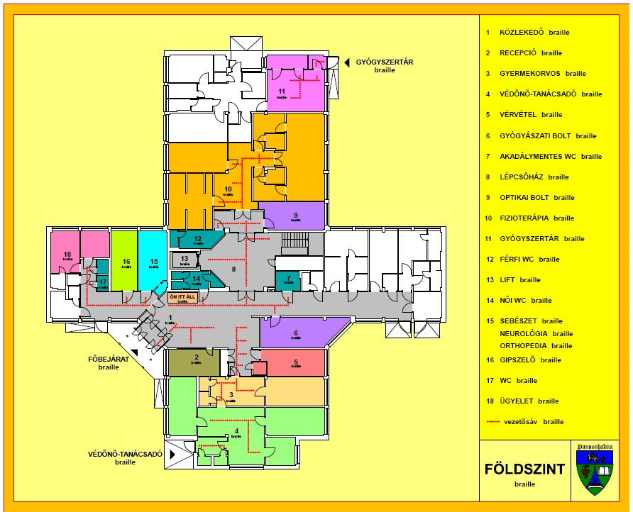 Betegirányítás és lépcsõt jelölõ tábla piktogram és Braille felirat Információs térkép egyes