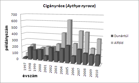 17. ábra: A cigányréce augusztusi állományának változása 1997-2010 között Az augusztusi állományadatokból egyértelmű növekedés látszik (lineáris regresszió: m=26,938; b=-53514; sig=0,032) (17. ábra).