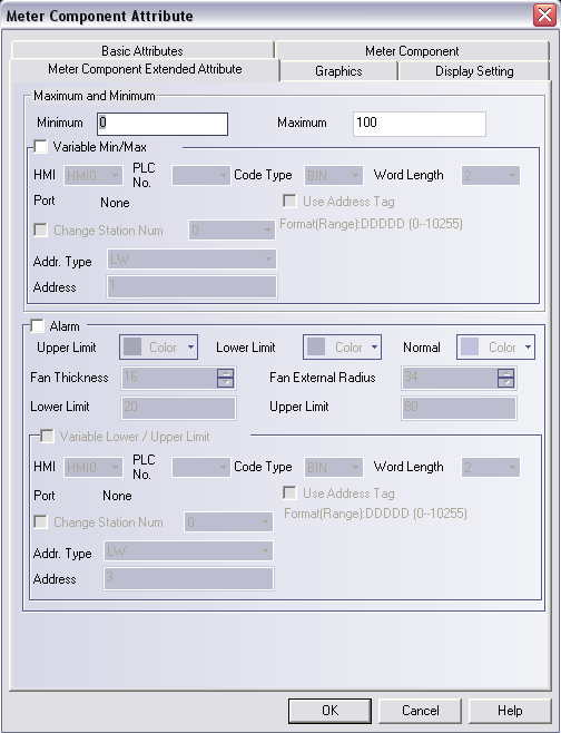 Meter Meter Component Extended Attribute Maximum and Minimum: Maximum és minimum értékek megadása Variable Min/Max: Változtatható maximum és minimum értékek Addr.