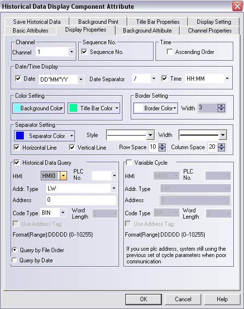 Historical Data Display Display Properties Channel: Csatornák száma Sequence No.