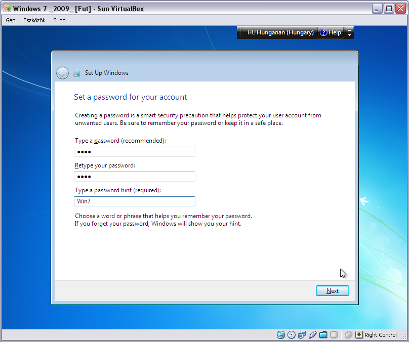 22. ábra Felhasználói fiók jelszavának megadása Windows 7 termékkulcs megadása Amennyiben rendelkezésünkre áll a telepített Windows 7 termékkulcs, akkor ezt most megadhatjuk.