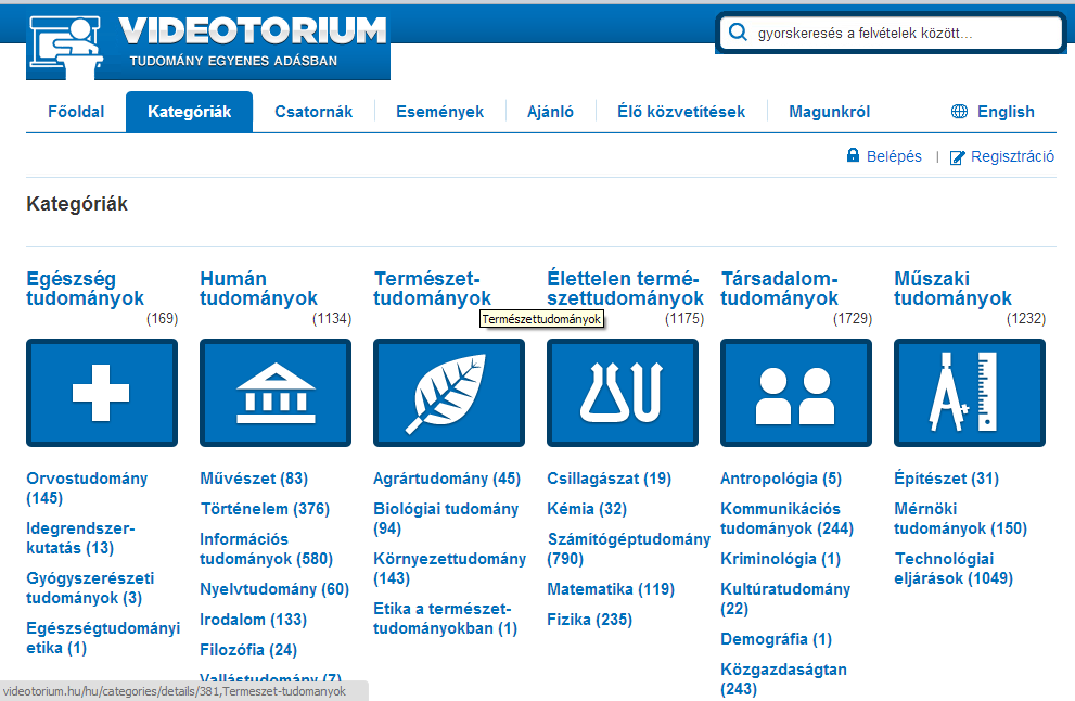 122 Oktatástechnológiai források, adatbázisok és e-szolgáltatások 50. ábra: Videotorium (http://videotorium.