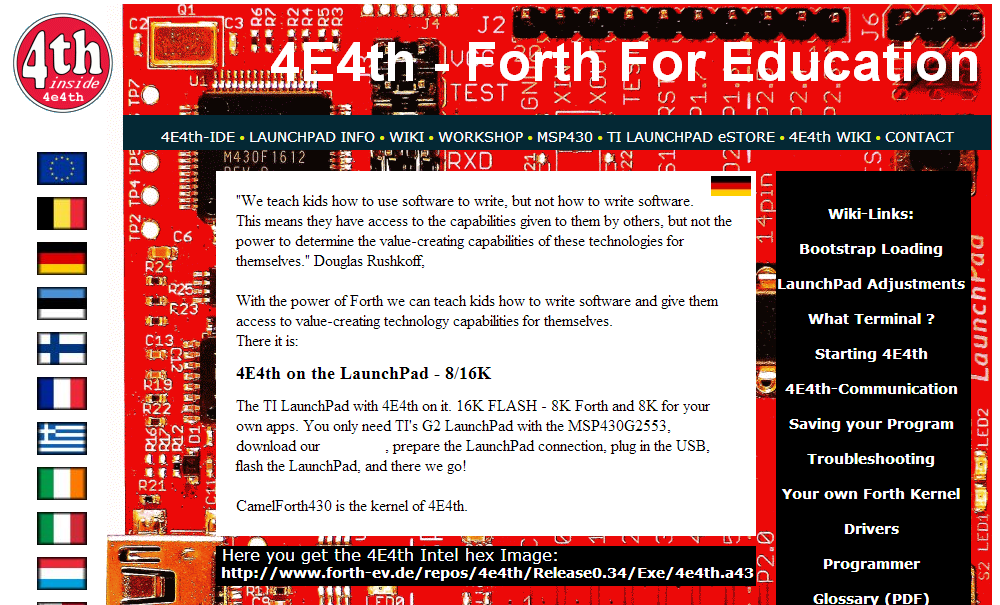 1. ábra A 4E4th oktatási platform nyitólapja. Forrás: (4E4th - Forth For Education, dátum nélk.) Ez az idézet olvasható a 4E4th - Forth for Education nyitólapján is (l. 1.