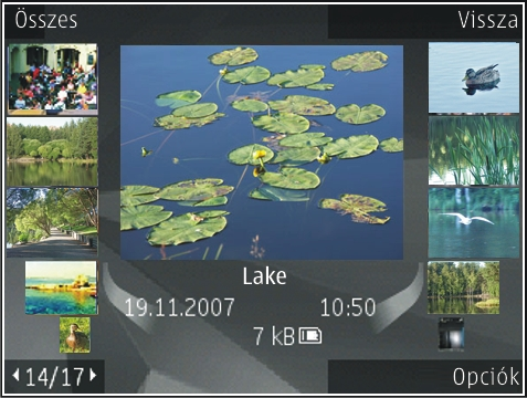 Média 133 Képek és videók megtekintése Válasszuk a Menü > Multimédia > Galéria > Képek menüpontot, majd a következő lehetőségek egyikét: Összes az összes kép és videofájl megtekintése.