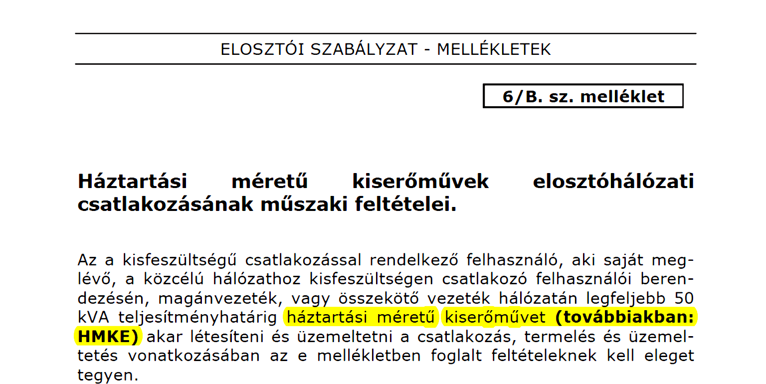 Háztartási méretű kiserőmű (HMKE) 1. Fotovoltaikus megújuló energiatermelés, HMKE 1.