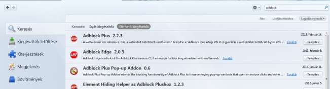 felső keresőablakba írd be, hogy AdBlock, majd a megjelenő találatok közül válaszd ki az