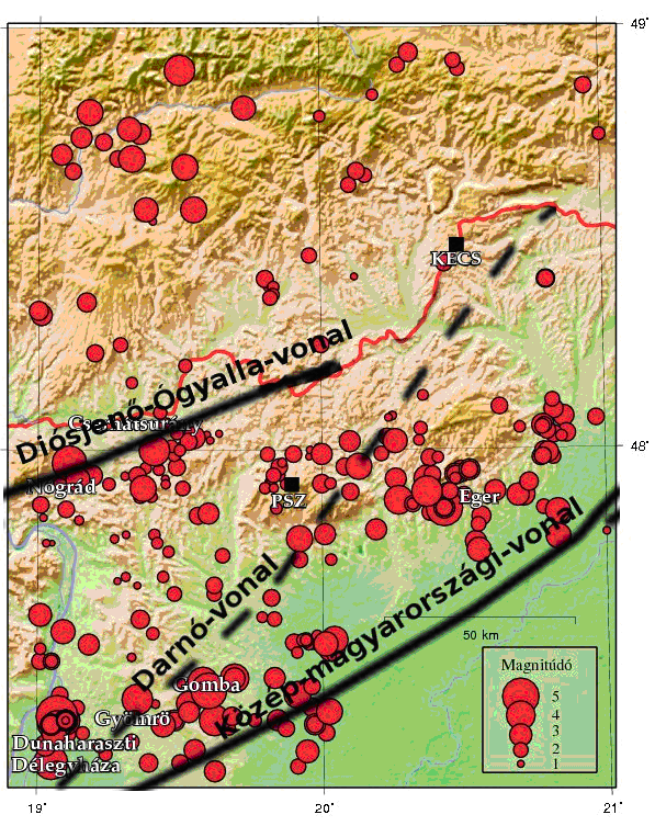 3.1. ábra. Az Északi-középhegység területének szeizmicitása (1900-2012.06) és a területen áthaladó nagyszerkezeti tektonikus vonalak nem sikerült meghatározni.
