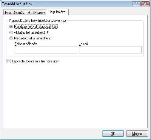 a Proxyszerver és a további mezők kitöltése is szükséges) A Globális proxyszerver-beállítások használata választógomb bejelölése esetén a program a további beállítások listája Egyéb beállítások >