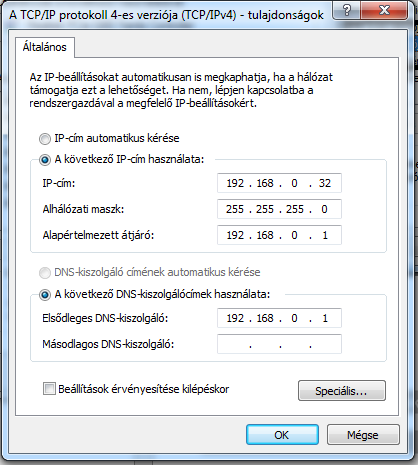 Írja be az Ön által használt belső hálózatnak megfelelő beállításokat. Példánkban a JPTLIIP interfész gyári alapbeállítás szerinti IP címének (192.168.0.100) megfelelő IP címet állítottunk be (192.