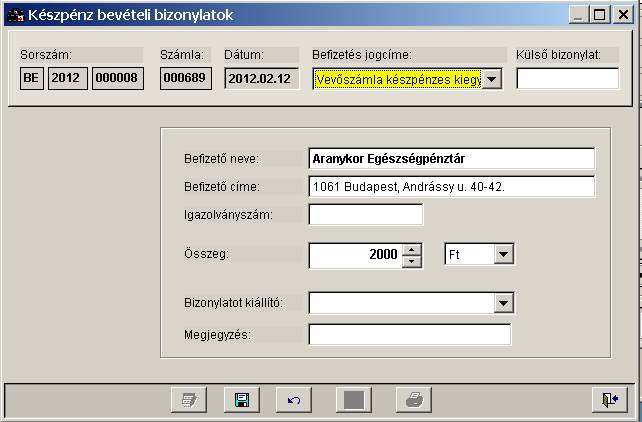 A nyomógombra kattintva a készpénzes számlához tartozó pénztári bevételi bizonylat adatai válnak