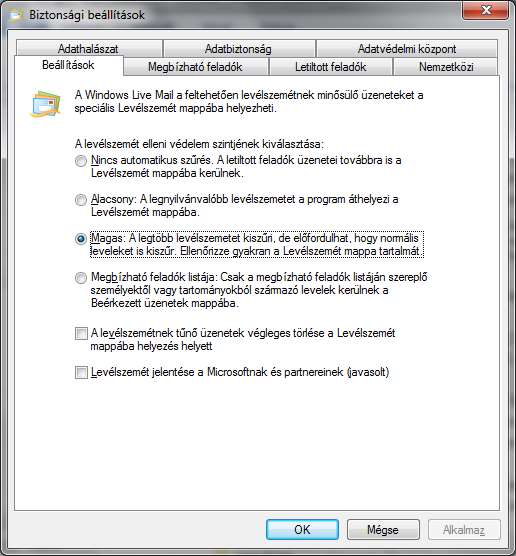 Spamszűrés Windows Live Mailben: Otthoni \