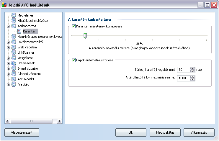 10.3. Karantén A Víruskarantén karbantartása ablak lehetové teszi, hogy számos paramétert határozzon meg a Karanténban tárolt objektumok kezelésével kapcsolatban: Karantén méretének korlátozása -