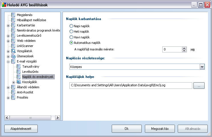 10.9.3. Naplók és eredmények A Naplók és eredmények elemen belül megnyitott panel lehetové teszi, hogy meghatározza az email vizsgálat eredményeinek karbantartásához szükséges paramétereket.