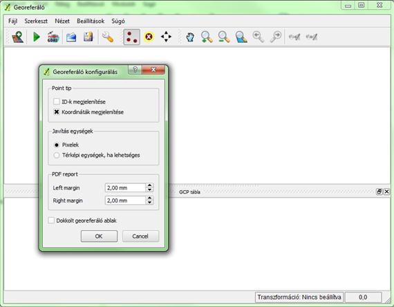 9. ábra Georeferáló modul bekapcsolása 10. ábra Georeferáló ablaka és a javasolt alapbeállítás E két pont beállításával készen állunk a tényleges munkára, a referencia pontok megadására.