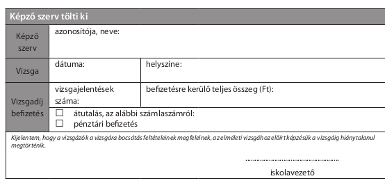 Gyakorlati vizsgajelentés Fejléc kitöltése A fejlécben a papír alapú vizsgajelentő jobb felső sarkában található Azonosító számot, illetve a bal alsó részen található Képzőszerv tölti ki adatok egy