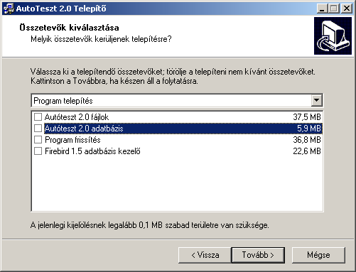 PeTitan Informatika Bt. 6732 Szeged, Kereszttöltés u. 23/A Tel/Fax: (62) 499212 email: petitan@invitel.hu web: http://www.petitan.hu/ 6. ábra. Telepítendő összetevők kiválasztása 6.Lépés (7. ábra).