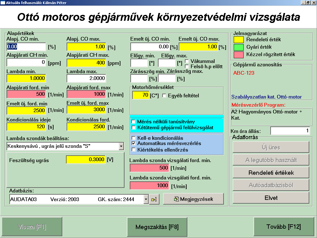 30. ábra. Ottómotoros gépjármű határértékeinek megadása Ha van a program mellé telepítve elfogadott AUDATA adatbázis, akkor kattintsunk az Audata adatbázisból feliratú gombra.