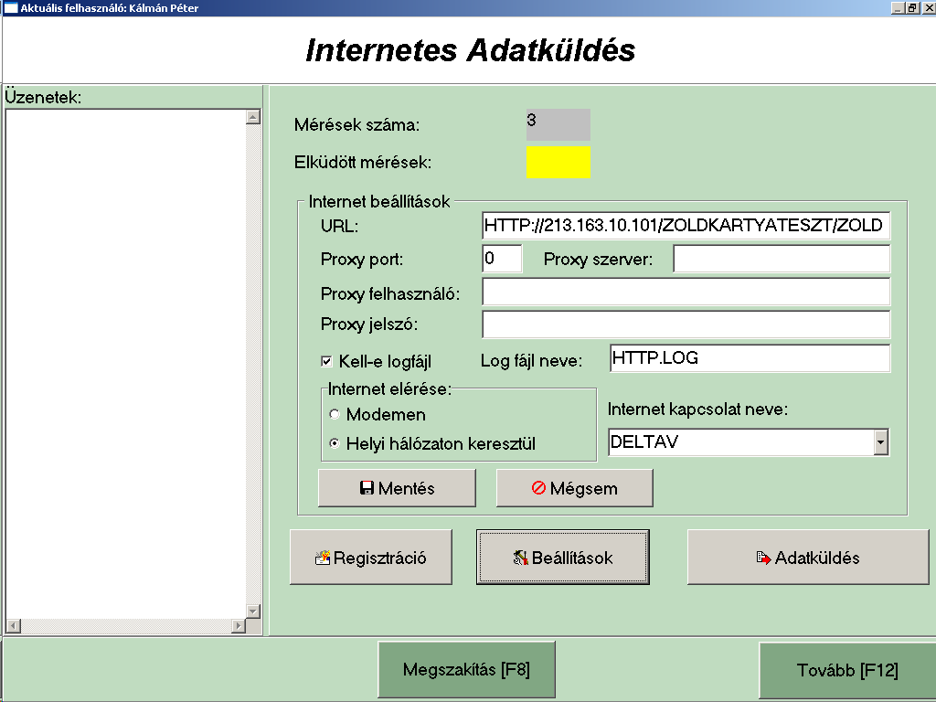 4.5.5 Internetes adatküldés Elérése: Főmenü>Környezetvédelmi Felülvizsgálat> Internetes adatküldés (46.