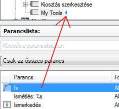 5 A Parancslista területről húzzon egy parancsot a kívánt helyre a <fájlnév> testreszabási beállításai területre, pontosan az eszköztár neve alá. 6 Kattintson az Alkalmaz gombra.