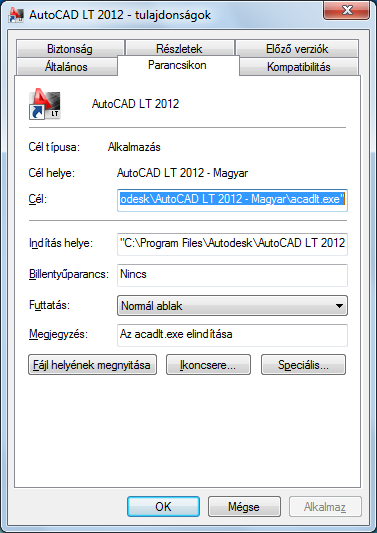 2 Az AutoCAD LT tulajdonságai párbeszédpanel Parancsikon lapjának Cél mezőjében módosítsa a kapcsolók paramétereit a következő szintaktikát használva: