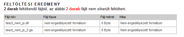 VIZSGA-BEJELENTÉSI ÉS ÍRÁSBELI TÉTELIGÉNYLÉSI RENDSZER - HASZNÁLATI ÚTMUTATÓ 38 / 50 Sikertelen feltöltés, illetve nem engedélyezett formátum feltöltése esetén a következőhöz hasonló üzenetet jelez a